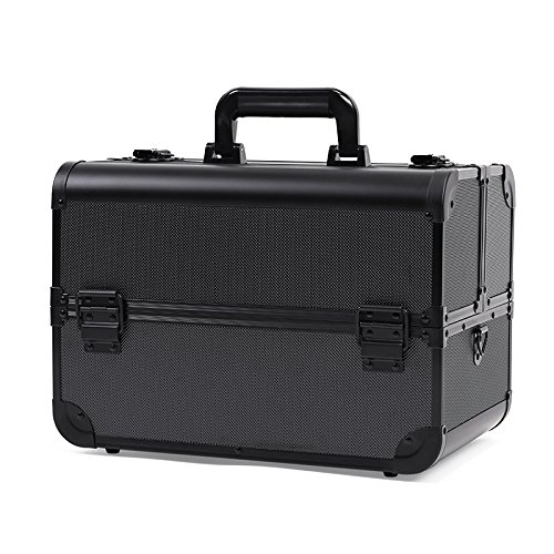 Makeup Train Case Professional 14.1" Cosmetic Box with Adjustable Dividers 4 Trays and 2 Locks Black