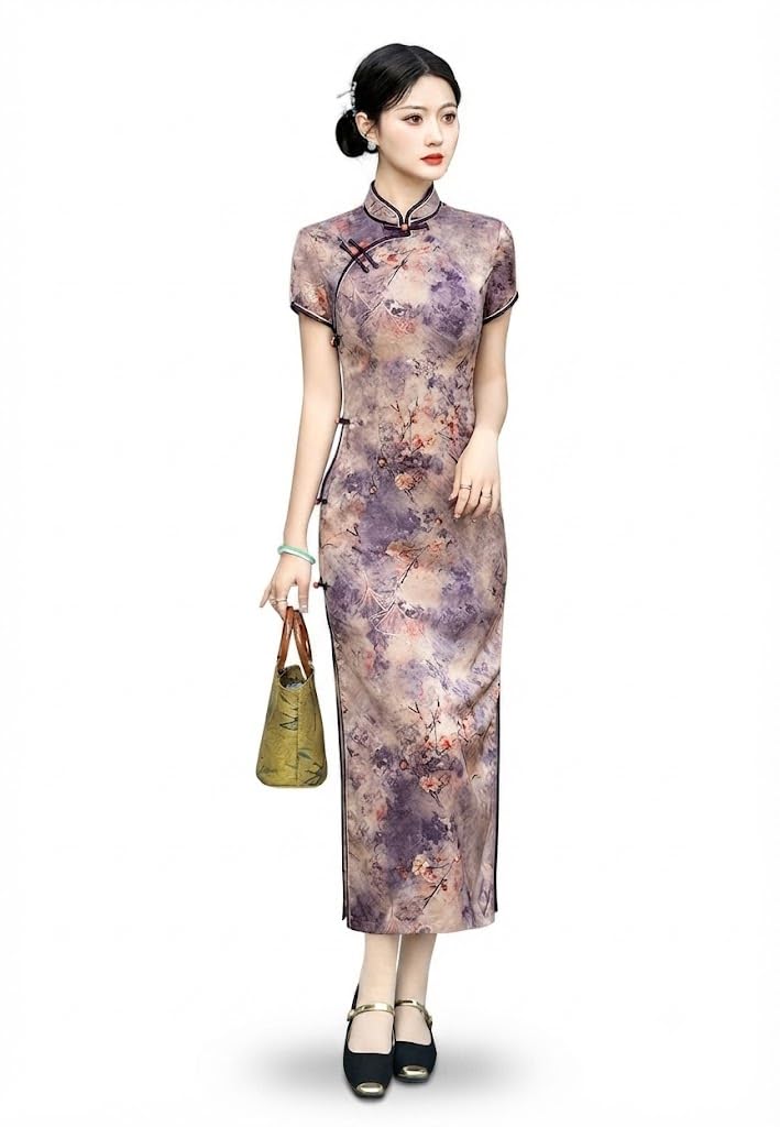 purpleq Vestido Cheongsam Tradicional Chino Vintage Floral Ajustado Manga Corta Cuello Mandarín Elegante Qipao Largo para Fiestas y Bodas