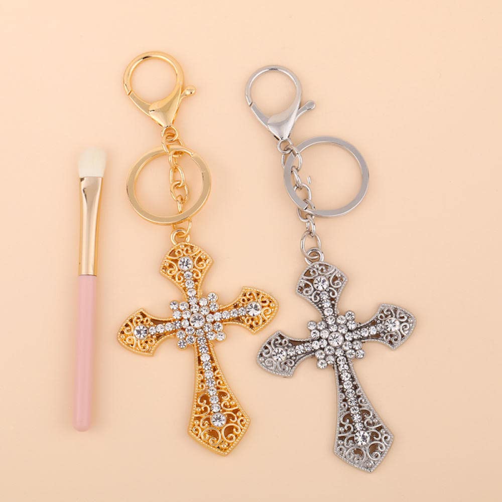 Lusterko Wsteczne Wiszące Stylizacja Samochodu Car Charm Brelokmikro-Inkrustowany Krzyż Z Kryształu Górskiego, Metalowy Brelok, Brelok Do Torby Samochodowej-Złoto