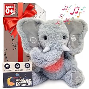 Gemma Joy Bedtime Baby Soothers for Sleep Cry Activated Heartbeat Stuffed Animal for Baby Newborn Calming Light Lullaby Music White Noise Shush and Mothers Heartbeat Elephant Rechargeable