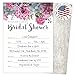 Koko Paper Co Bridal Shower Invitations Set of 25 Cards and Envelopes, Fill-in Style Vintage Rustic Design with Pink, Grey, Blue and Purple Watercolor Florals. Printed on Heavy 140lb Card Stock.