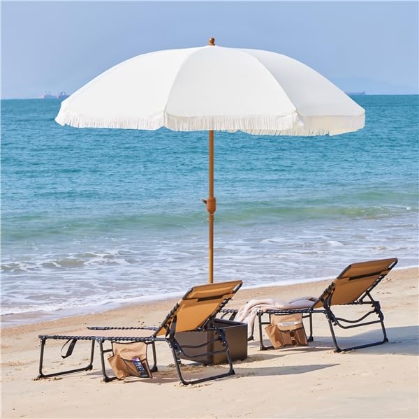 Yaheetech Ombrellone da Spiaggia Giardino Inclinabile con Frange 215 cm in Poliestere e Metallo con Borsa per Trasporto Protezione UV Esterno Cortile Piscina Crema
