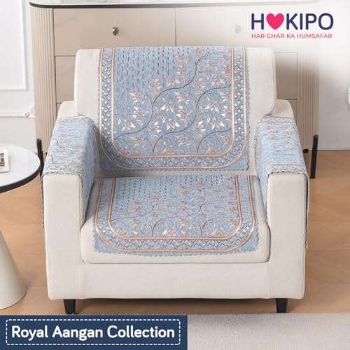 Image of HOKIPO Neel Baari Premium Chenille Jacquard Sofa Cover for 1 Seater for Seat & Back, 'Royal Aangan Series' (IN-1006-L3*2)