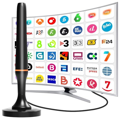 Antena TDT Interior, Antenas TV Interior Portátil 4K HD, Antena TV Interior Potente, recibe Canales Locales Recepción 360° Omnidireccional, Sin Costos de Suscripción, Cable de 2,5m & Base Magnética