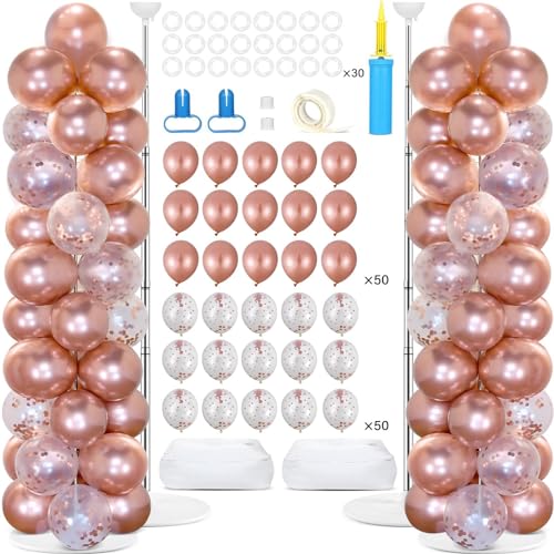 Image of 2 Sets Rose Gold Balloon Column Stand Kit with 100 Balloons Graduation Adjustable Tower Stand with Bases Floor Rose Gold Confetti Balloon Column Bridal Shower Bachelorette Birthday Wedding Party Decor