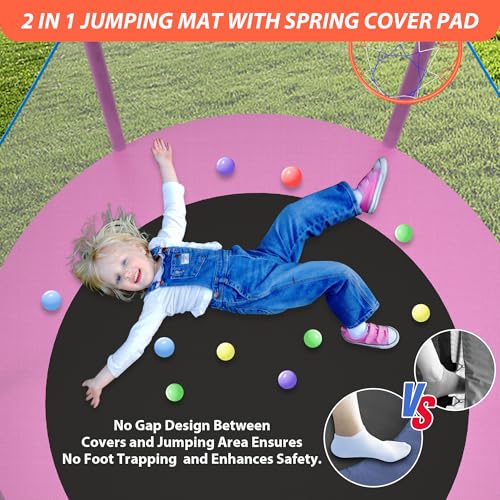 66'' Mini Trampoline for Kids with Enclosure & Basketball Hoop, 5.5FT No-Gap Toddler Trampoline for Indoor & Outdoor Use, 600LBS Capacity, Ideal Gift for Boys & Girls