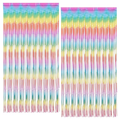 VOSAREA 2pcs Tinsel Fringe Curtains for Birthday Decorations Shower Backdrop Rainbow Gradient Foil Streamers for Parties and Photo Booths