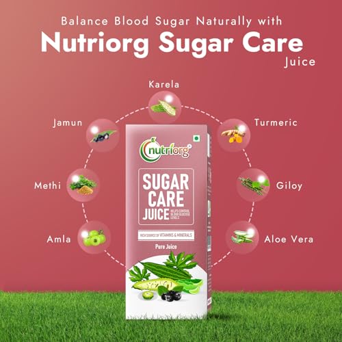 Image of Nutriorg Sugar Care Juice 500ml | Pure & Natural Sugar Care Juice | Controls Blood Sugar Levels | Made with Karela, Amla, Jamun, Methi, Aloe Vera, Haldi, Giloy, Arjun, Neem Ras, Tulsi Ras, Ashwagandha, Gurmar & More Herbs | Ayurvedic Blend for Diabetic Care | Manage Blood Sugar & Insulin Levels