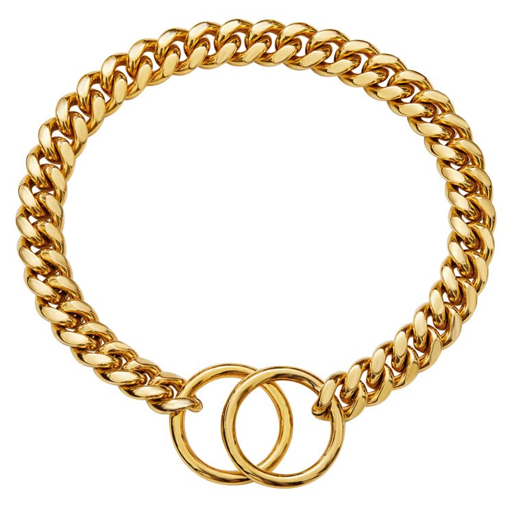 18K Gold Chain Dog Collar 10MM Cuban Link Chain Stainless Steel Metal Links Walking Training Collar Choker for Small Medium Large Dogs 12in to 26in (26”(Neck Fits 22")) — image 1