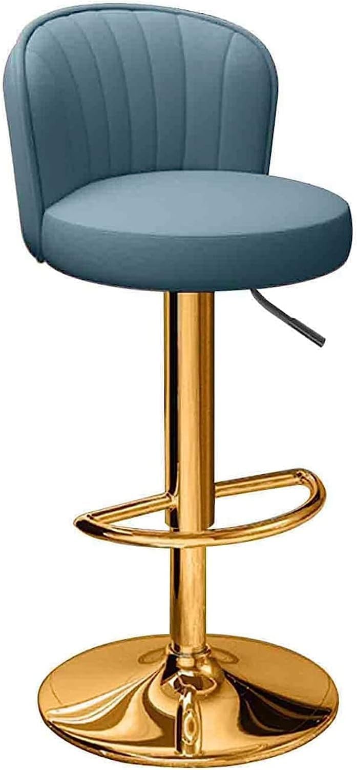 Modern Blue Leather Vanity Chair Counter Stool Swivel Barstool with Adjustable Height and Gold Footrest Stylish High Chair for Home Kitchen Dining Room or Bar