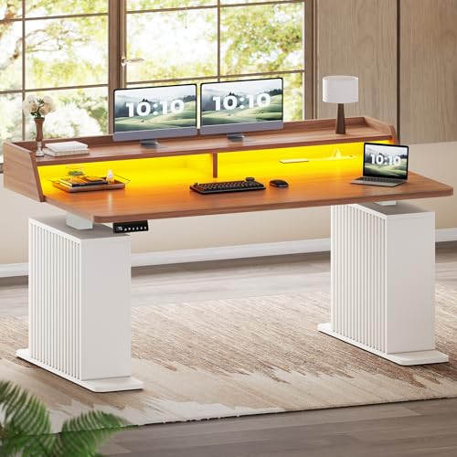 SEDETA Standing Desk with Storage, 55" Fluted Stand Up Desk with Power Outlets & LED Lights, Height Adjustable Table with Monitor Shelf for Home Offic