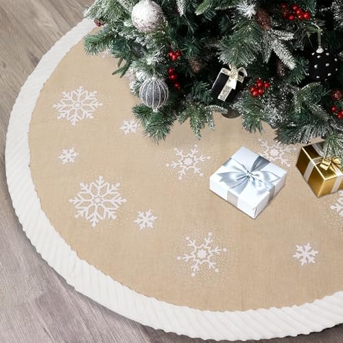 AerWo 72 inch Extra Large Christmas Tree Skirt with White Snowflake, Rustic Burlap Tree Skirt with Faux Fur Trim, Oversized Farmhouse Trees Skirts for Holiday Indoor Outdoor Xmas Tree Decorations