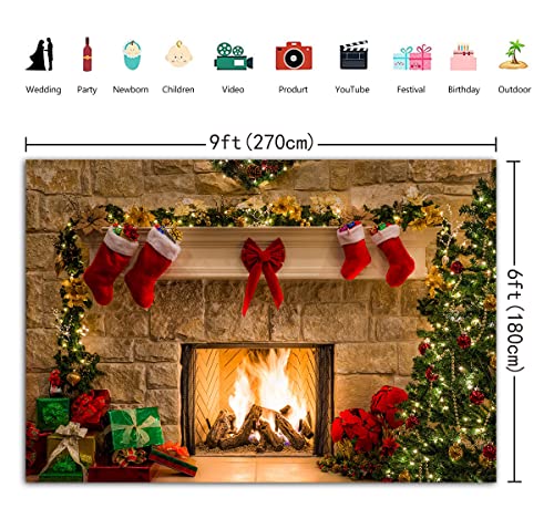 BINQOO 9x6ft noël cheminée Arbre Chaussette Toile de Fond Arbre de noël Chaussette Rouge Cadeaux Santa Guirlande Balle fête Photographie Fond Stand décor Accessoires – Image 7