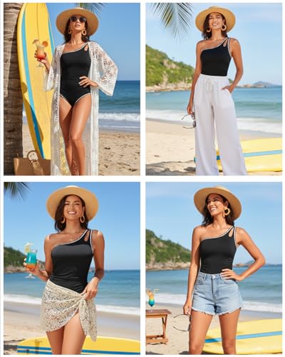Image of Holipick One Shoulder One Piece Swimsuit for Women Tummy Control Bathing Suits Modest Full Coverage Keyhole Swimwear