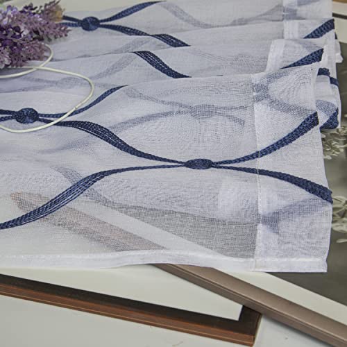July Joy White Valance Sheer Curtains 18 Inches Long Navy Moroccan Embroidered Grommet Semi Window Drapes For Living Room Bedroom, 2 Panels #TOP5