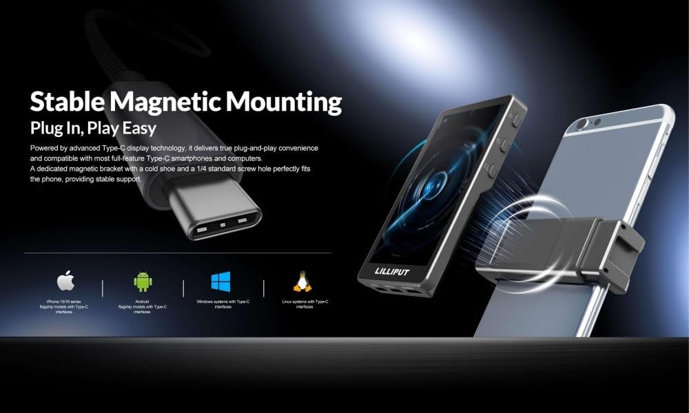 LILLIPUT V4 Phone Vlog Selfie Monitor Screen for iPhone Rear Camera for Streaming, Tiktok,Type-C and HDMI Input, USB-C Power Output for External Devices, Lilliput Video Monitor with Magnetic Holder