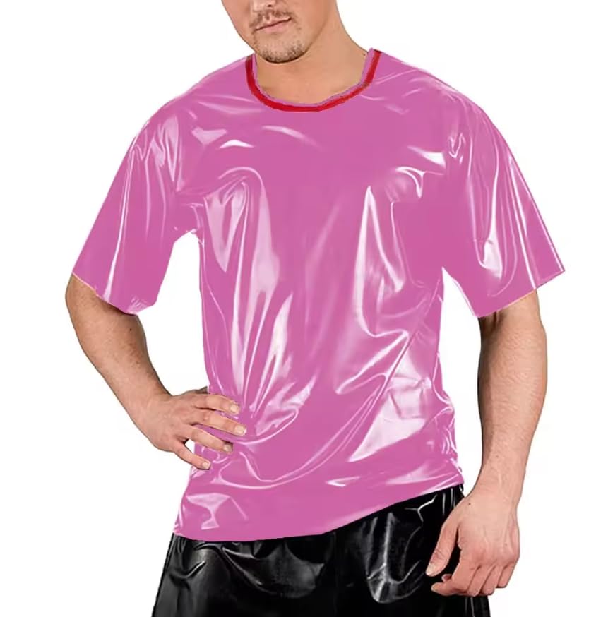 Męskie koszulki klubowe patchworkowe z krótkim rękawem PVC skórzane topy bodycon outdoorowa odzież uliczna personalizacja