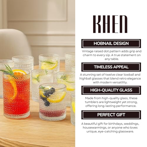 Image of Khen Vintage Hobnail Drinking Glasses Set of 12, 13oz Highball Glasses & 10 oz Lowball Tumblers, Kitchen Water Glasses Cup, Bar Water, Juice, Cocktails Beer, Milk Indoor /Outdoor Bar & Party Drinkware