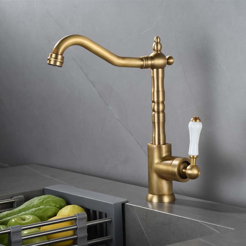 Wasserhahn Küche - Küchenarmatur Retro Antik Stil Messing Einhebel 360° Schwenkbar Spültischarmatur Mischbatterie, Hoher Auslauf Armatur Küche, Bronze