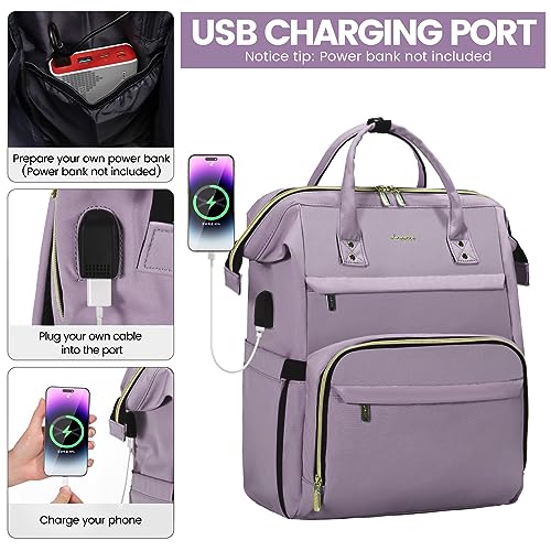 Image of LOVEVOOK Laptop Backpack for Women,15.6 Inch Professional Womens Travel Backpack Purse Computer Laptop Bag Nurse Teacher Backpack,Waterproof Work Bags Carry on Back Pack with USB Port,Light Purple