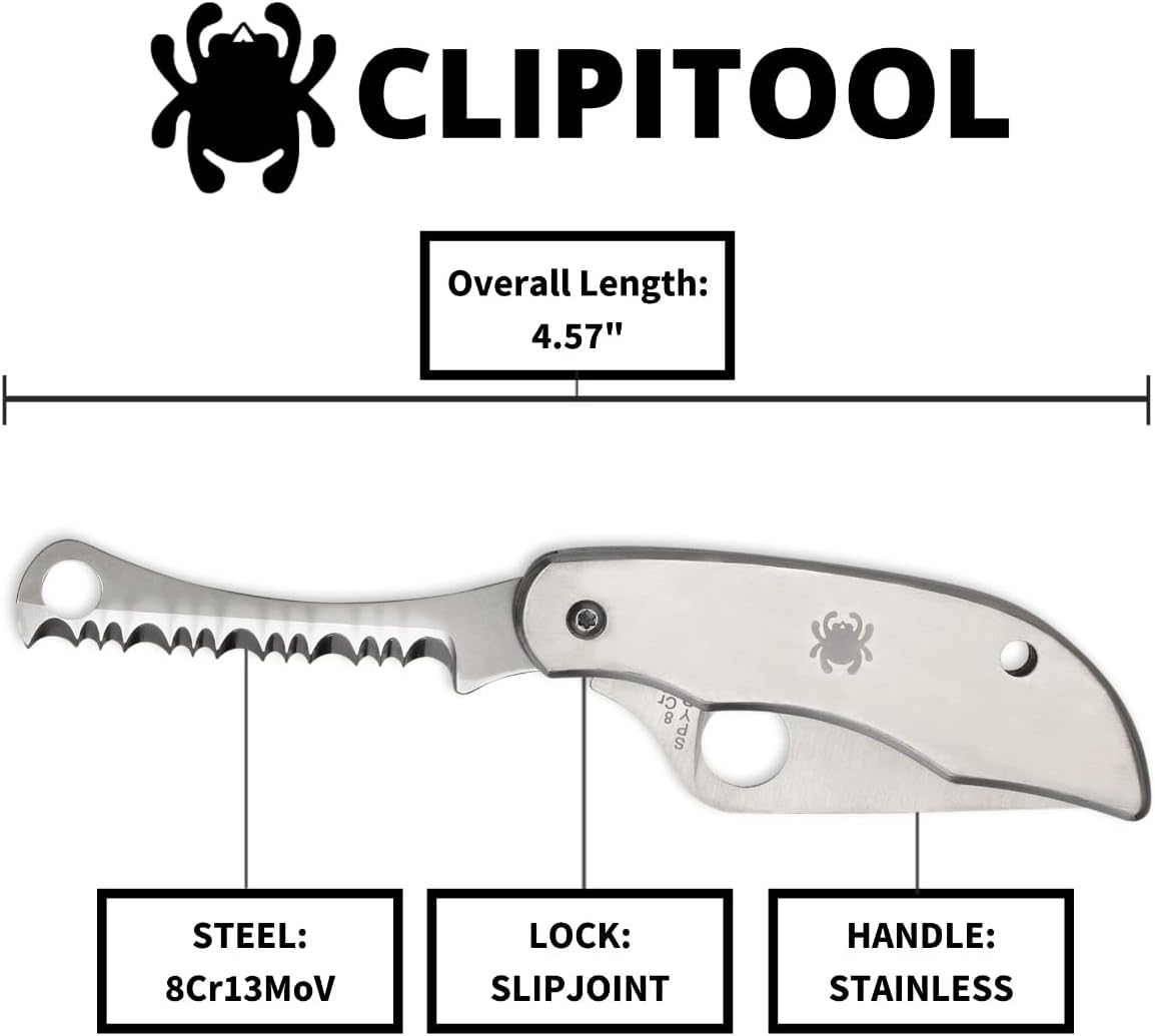 Spyderco ClipiTool Folding Utility Knife with Stainless Steel Handle Plain and Serrated Edge, Full-Flat, 8Cr13MoV Steel Blade and SlipJoint System - C176P&S