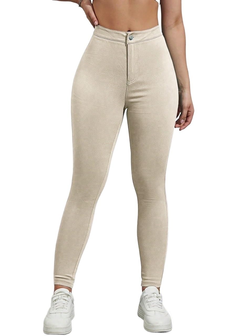 Womens Fall Solid High Waist Fit Casual Pants Trousers Beige
