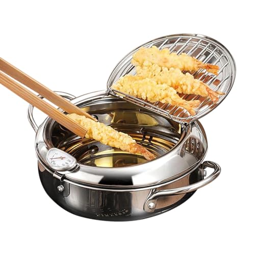 4.2L Japanese Tempura Deep Fryer Pot, 304 Stainless Steel Deep Fryer Pot with Thermometer, Oil Drip Drain Rack and Lid for Home Use, Thickened Deep Frying Pan for French Fries Chicken Nuggets Shrimp
