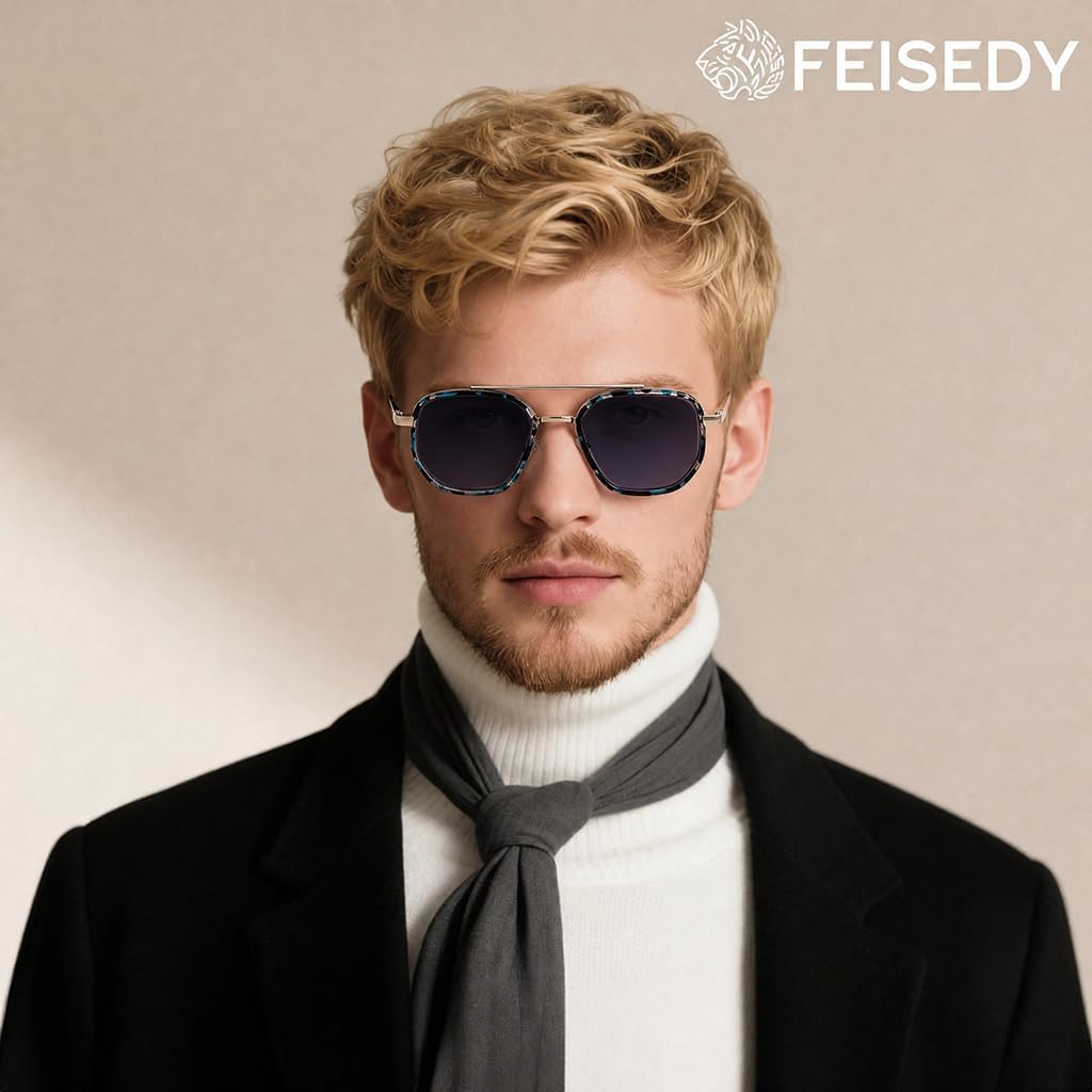 FEISEDY Polarized Aviator Sunglasses for Men Square Retro Metal Frame UV 400 Protection TAC Lens B0329 thumbnail