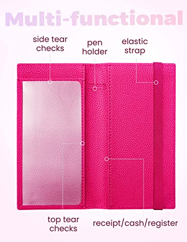 Image of Yarnic Checkbook Cover for Personal Checkbook, Checkbook Holder with Pen Holder & Built-in Clear Plastic Divider for Duplicate Checks (Hot Pink)