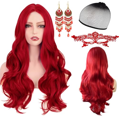 MLPKOI Longues Perruques Rouges Ondulées, 68cm Longue Bouclé Femmes Bouclé Perruques, Longue Perruque Bouclée Ondulée Résistant à La Chaleur, Aspect...