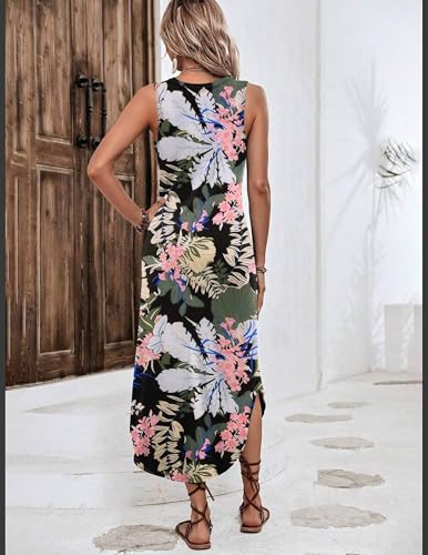 Image of Zeagoo Women Floral Summer Casual Beach Printed Tank Dress with Pockets Pleated Front Long Dress