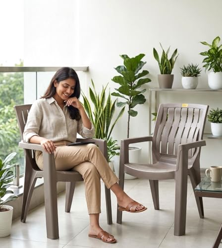 Image of Plastic Chair Set of 2 for Home & Outdoor Use | Heavy Duty Comfortable Chair with Strong Legs | Easy to Clean | Suitable for Living Room, Balcony (Pack of 2-Spino | Choco Cream)