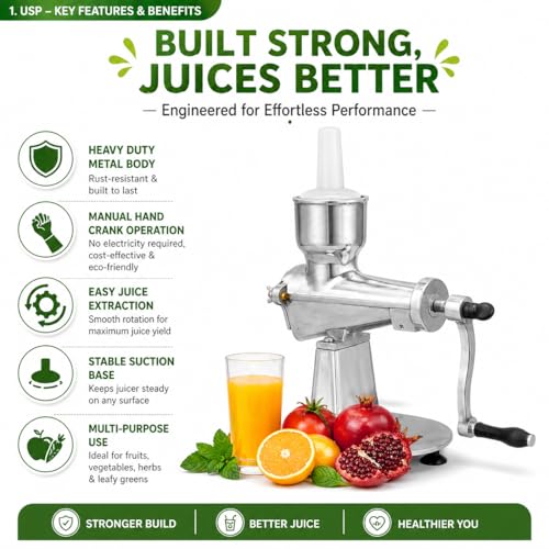 Image of Manual Hand Juicer with Suction Base | Aluminium Body Citrus Squeezer | Tabletop Lemon Orange Lime Juicer with Crank Handle | Easy & Efficient Fruit Press