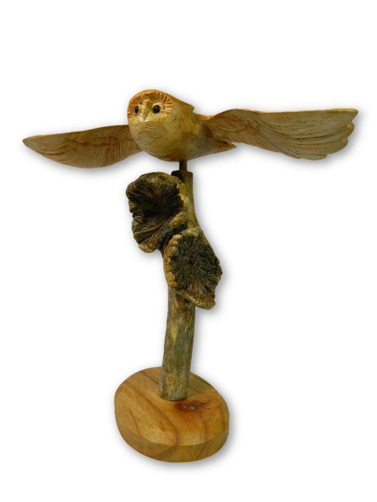 Thai Gifts Brown Wooden Owl Carving - Flying Owl Bird On Parasite Wood