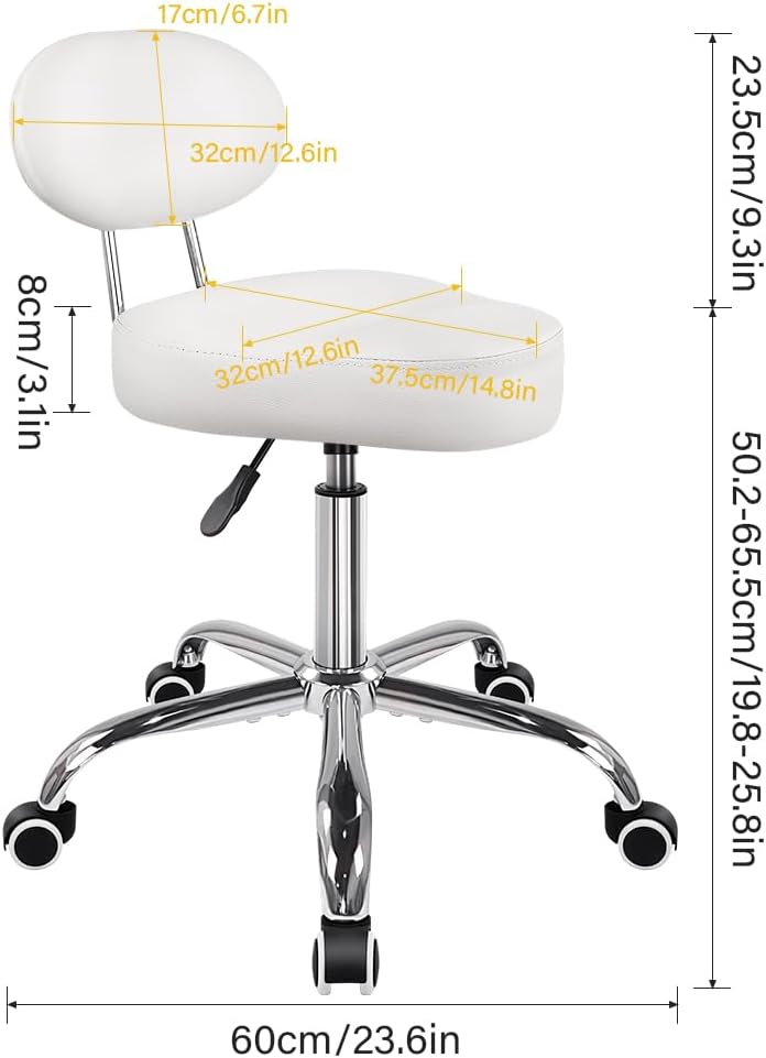 WKWKER Saddle Stool with Back Adjustable Drafting Chair Swivel Rolling Stool with Backrest PU Leather Saddle Chair for Office Lab Drafting Counter Salon Barber Shop Kitchen Front Desk (White)