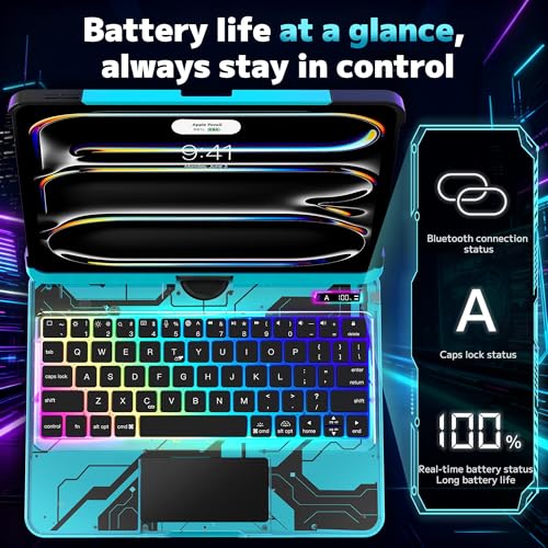 Image of Clear Keyboard Case for iPad Air 11 inch (M3 /M2, 2025 /2024), Air 5th /4th & Pro 11 inch 2022-2018, 360 Swivel with Wireless Bluetooth Multi-Touch Trackpad, 7-Color Backlit, Pencil Holder Blue