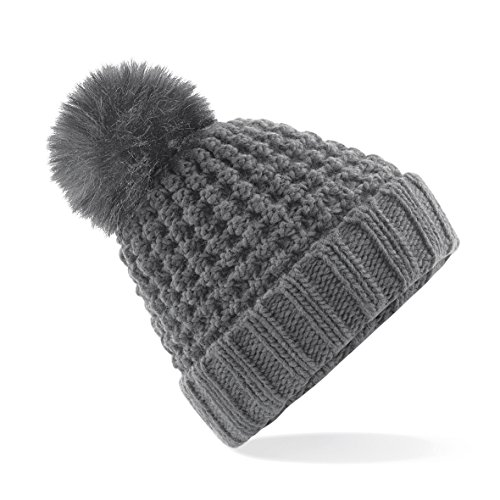 Bonnet d'hiver tricoté chaud Beechfield B415 Gris Graphite avec pompon fausse fourrure pour adulte
