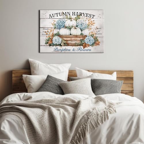 Image of Pumpkin Flower Wall Art Autumn Wall Decor Farmhouse Rustic Blue White Pumpkins Picture Prints Canvas for Bedroom Living Room 24x36 inch, Large Botanical Floral Painting Poster Artwork Home Decorations