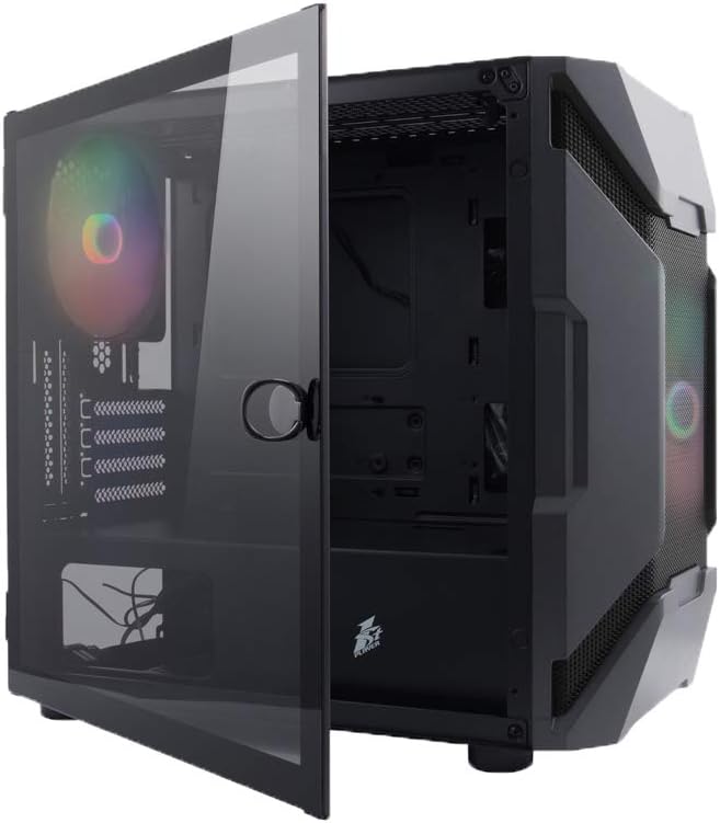 Side view of the 1st Player DK D3-A Micro ATX case with the tempered glass panel open, revealing the interior.