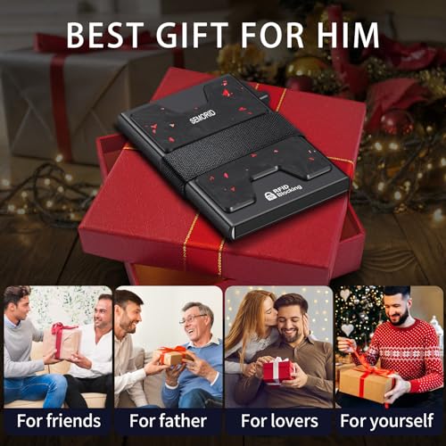 Image of SEMORID Slim Wallet for Men, Minimalist RFID Blocking Mens Card Wallet - Pop Up Credit Card Holder, Thin Metal Case with Cash Band, Hold 12+ Cards