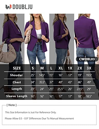 Doublju Women's Casual Work Ruched 3/4 Sleeve Open Front Blazer Jacket With Plus Size Plum #TOP5