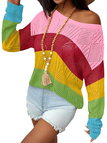 Image of Zeagoo Off The Shoulder Tops for Women Hollow Out Crochet Knit Stripe Vacation Outfits Resort Wear Pink Red Yellow Green Blue L