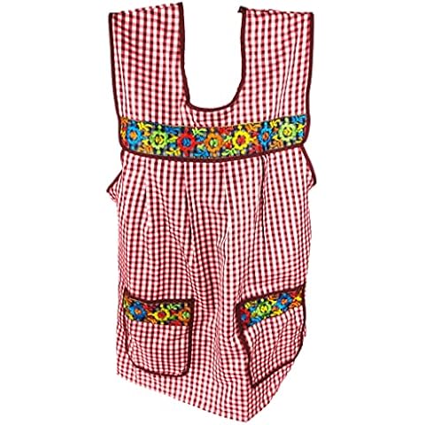 Traditional Mexican apron for women with pockets beautiful flower embroidery One size - Mandiles para mujer mexicanos mandil, Red, One Size Cover