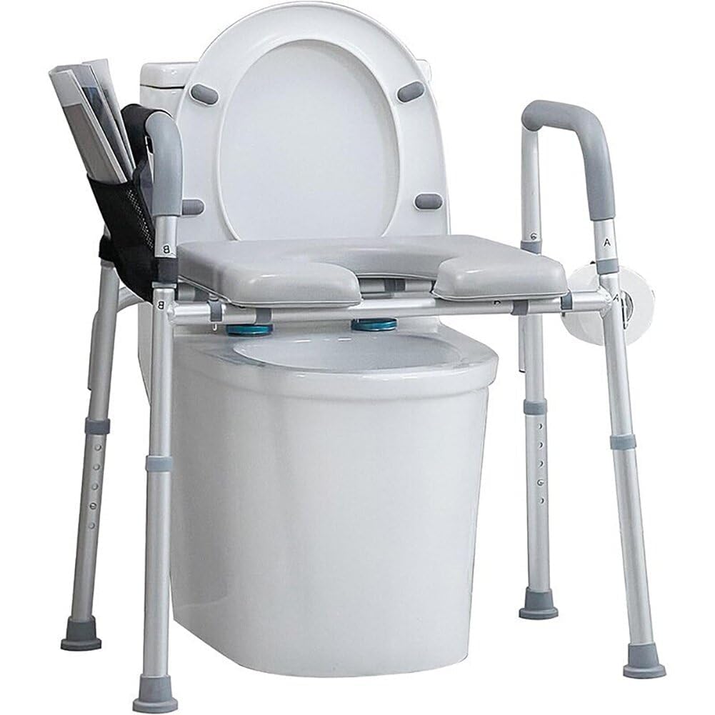 Commode Krzesło nocne dla seniorów z wyściełanym siedziskiem i podłokietnikami, 5-stopniowa regulacja wysokości, podwyższenie deski sedesowej do przenoszenia 136 kg