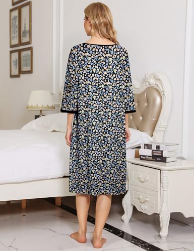 Image of Bloggerlove House Dress Women Cotton Snap Front Nightgown 3 /4 Sleeve Housecoat Duster Robe with Pockets Moomoo Patio Dress
