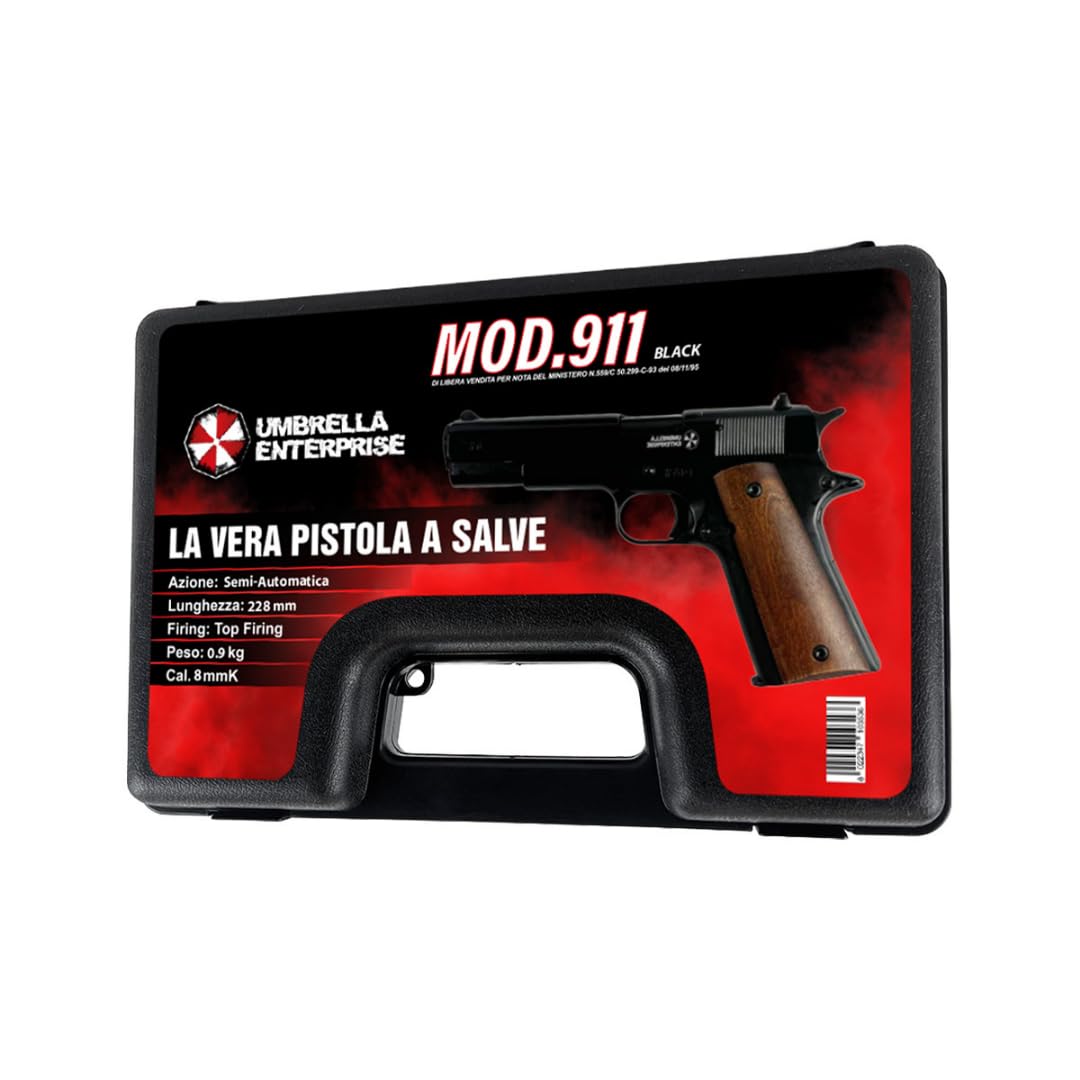 Pistola a Salve Mod. 1911 Top Firing 9 mm, Segnalatore Acustico Scacciacani/Addestramento, Nera e legno - Kit con Olio Ballistol incluso