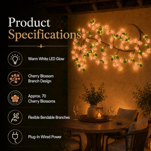 Image of One94Store DIY Cherry Blossom with Leaves LED Vine Wall Light | 72 Warm White LEDs | USB Powered Flexible Floral Branch | Fairy String Lights for Bedroom, Living Room, Home, Wedding & Festival Decor