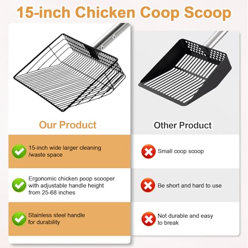 Image of 15 inch Chicken Poop Scooper & Rake, Metal Chicken Coop Scoop for Poop with 24 to 68 inch Adjustable Stainless Steel Handle, Litter Scooper Sifting Shovel Chicken Coop Accessories