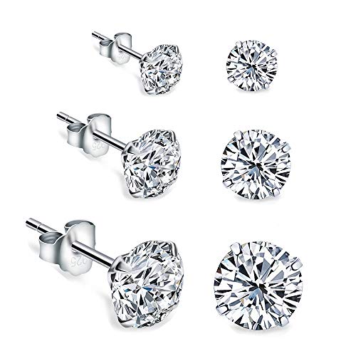 Round Clear Cubic Zirconia Sterling Silver Stud Earrings for Women Girls Cartilage Hypoallergenic Mini Diamond CZ Huggie Piercings Post 2mm 3mm 4mm Set