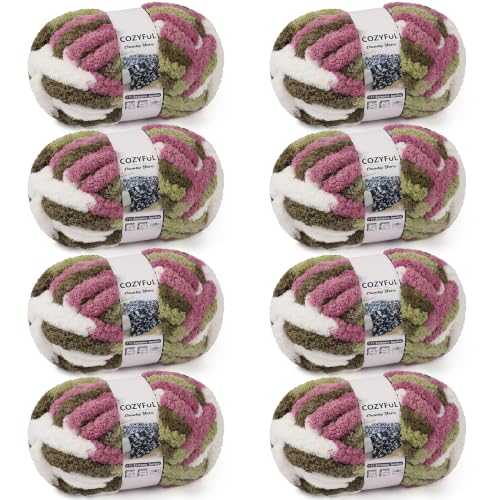 Image of Cozyful Chunky Yarn for Hand Knitting - #10 Chunky Chenille Blanket Yarn, Jumbo Big Thick Chunky Yarns for Crocheting, Tie Dye Bulky Knit Yarns, 8 Skein (20 yds 8 oz Each Skein), Multi Green&Plum